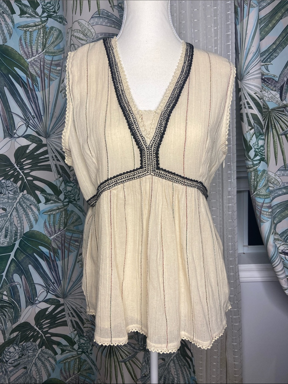 Boho Cream Embroidered V-Neck Women’s Top